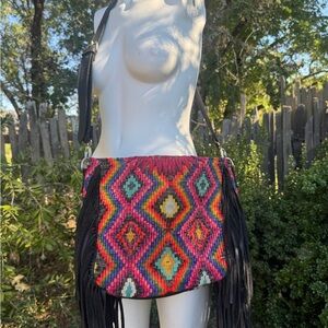 Handcrafted Textile & Leather Fringe Crossbody Bag